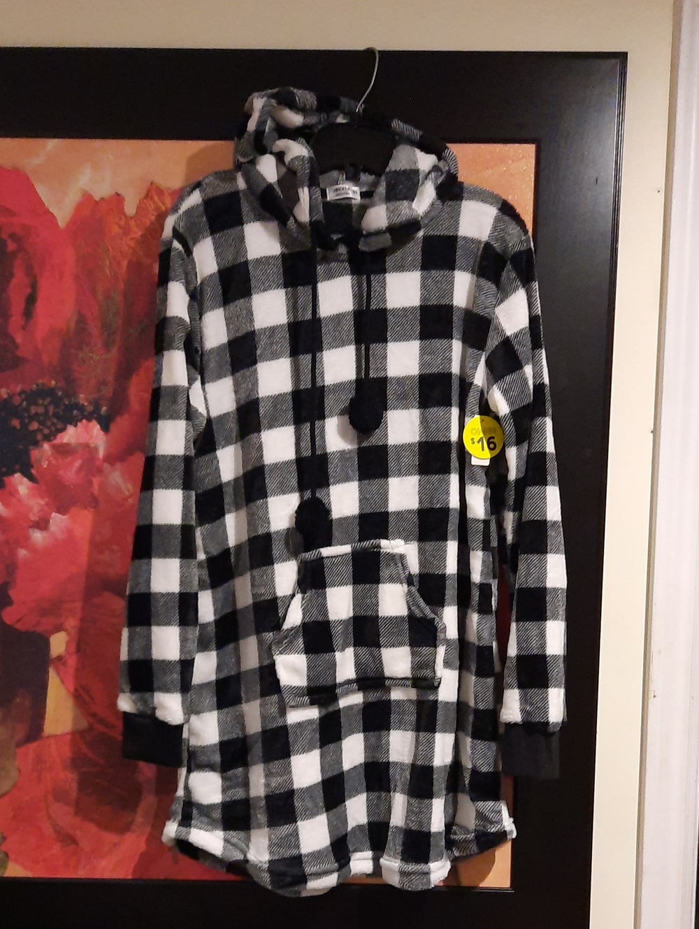 NWT TEDDY BEAR SOFT Black & White Buffalo Plaid Hooded Tunic W/Pocket
